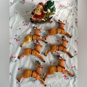 Vintage🍋Reindeer and Santa Sleigh Ornaments Set